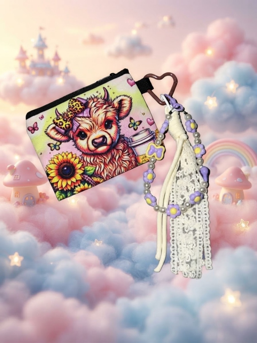 Cute Cow Print Kids Coin Purse with Purple Flower Beaded Charm